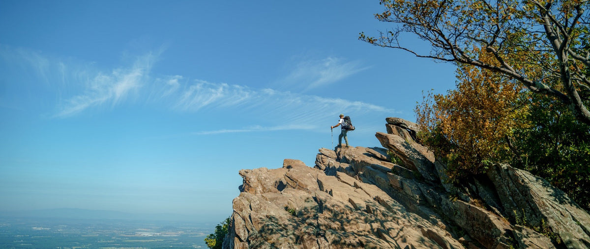 A man wearing a backpack stands on a rock looking out at the view below