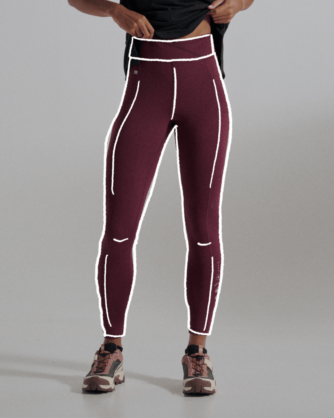 A gif showing fitted trousers shape illustrated over a studio model wearing different fitted trousers and leggings
