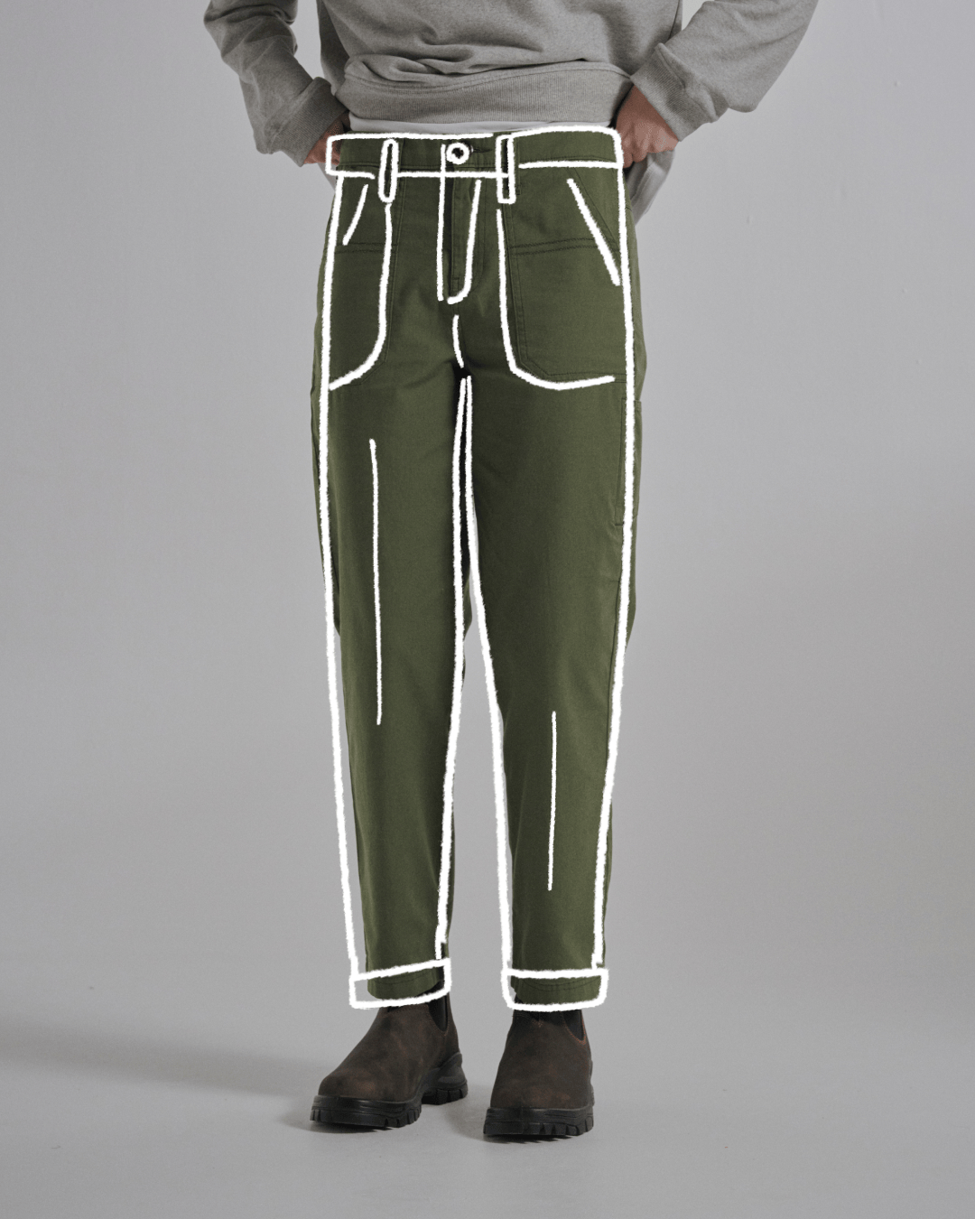 A gif showing regular fit trousers shape illustrated over a studio model wearing different regular fit trousers