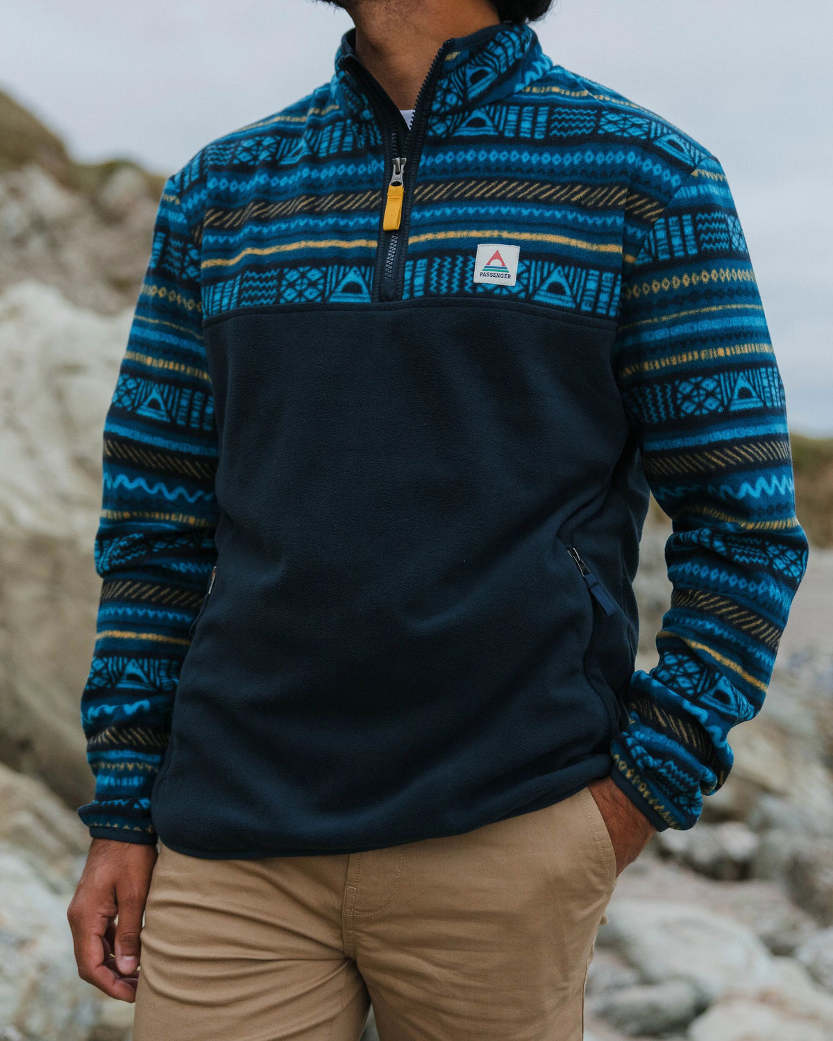 Set Off Polar 1/4 Zip Fleece - Patchwork Stripe Tidal Blue/ Deep Navy - Lifestyle