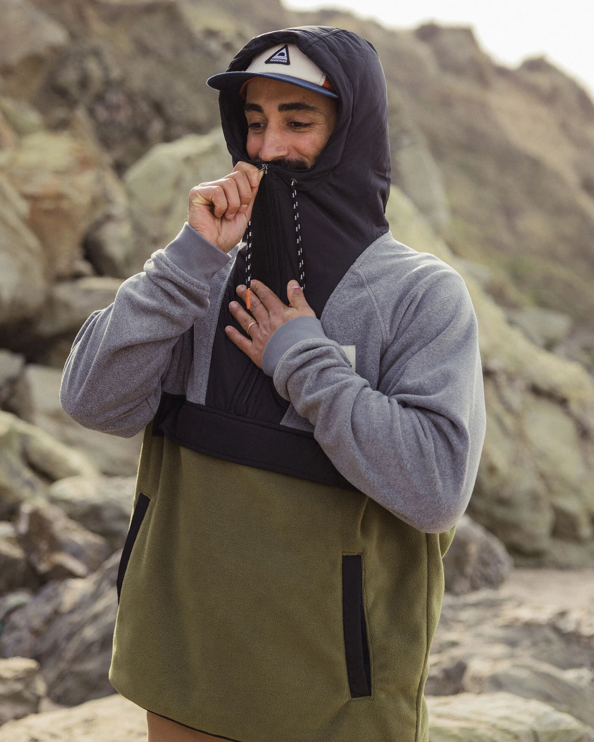 Woodland Hooded 1/2 Zip Polar Fleece - Grey Marl/Khaki - Lifestyle