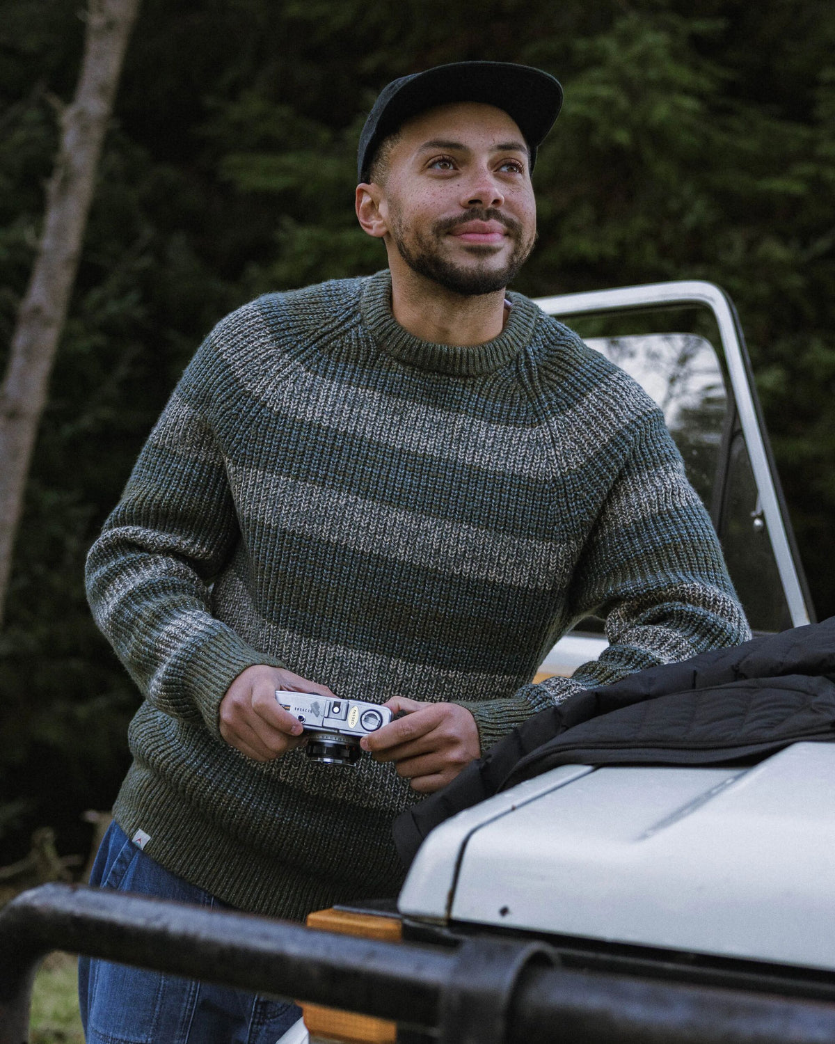 Fog Knitted Jumper - Dark Olive Multi Stripe - Lifestyle