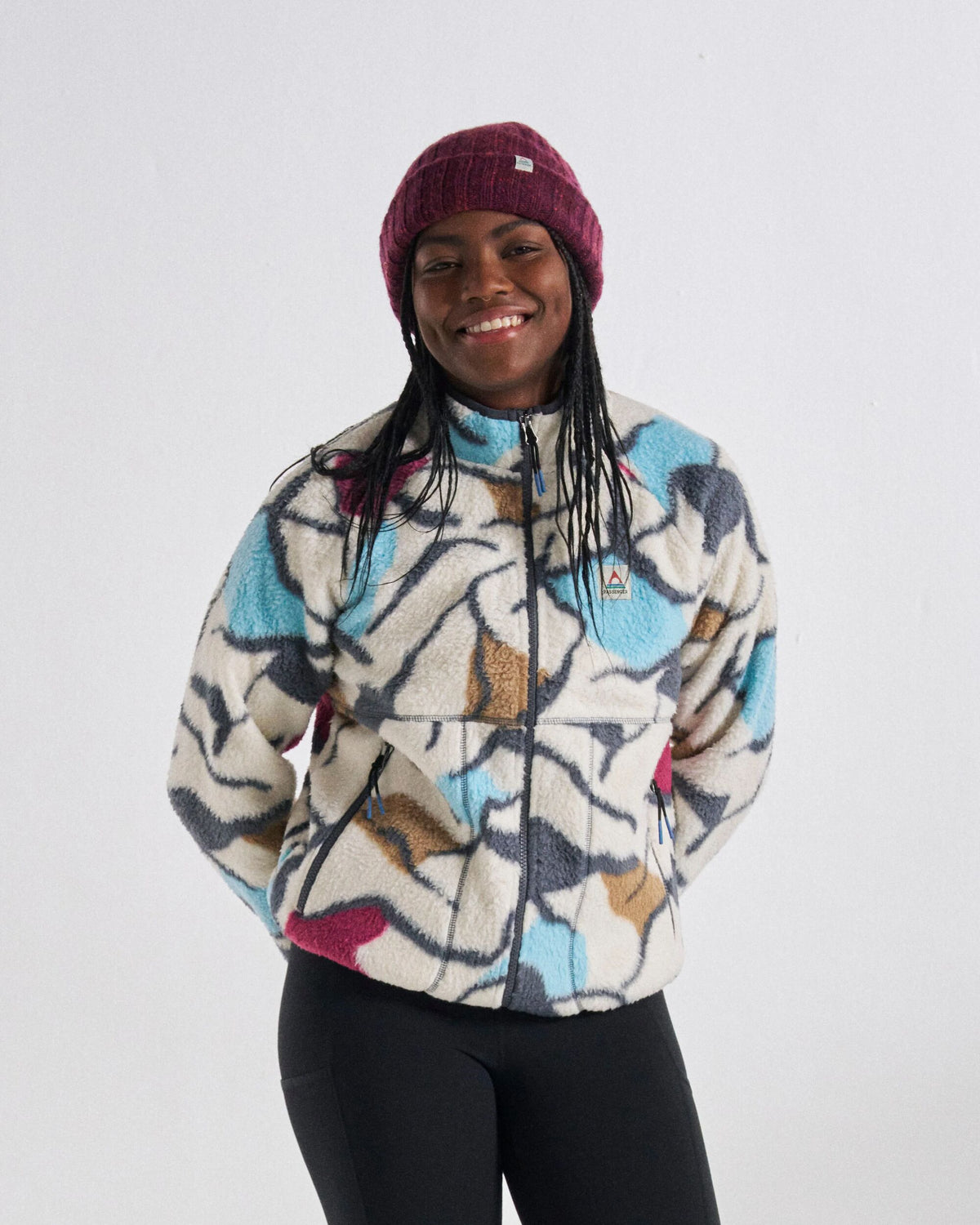 Fairbanks Full Zip Sherpa Fleece - Abstract Trails Off White - Studio Model