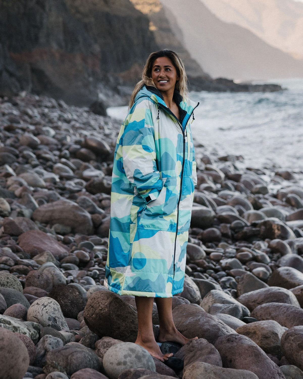 Waves Sherpa Lined Changing Robe - Vista Patchwork Aqua - Lifestyle - Female