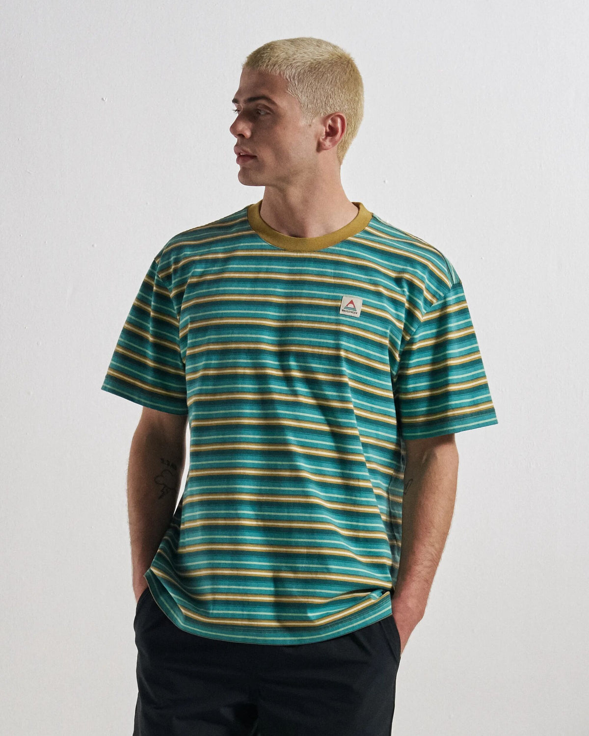 Retro Relaxed Fit T-Shirt - Ocean Teal Multi Stripe - Studio Model