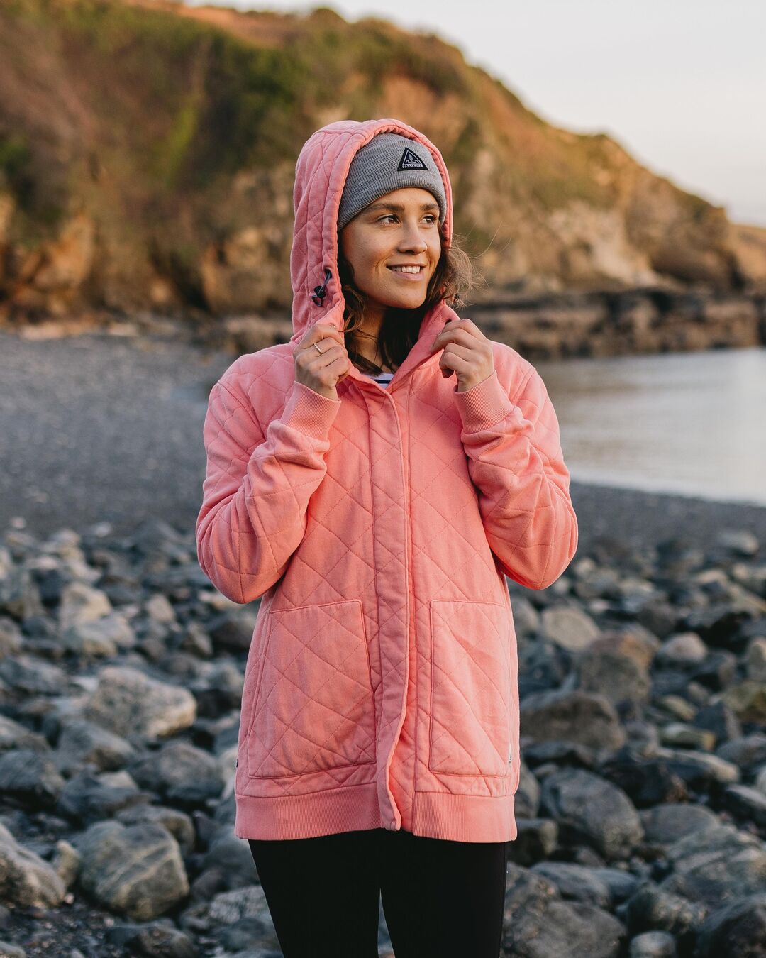 Clementine Quilted Popper Up Hoodie - Shell Pink - Lifestyle