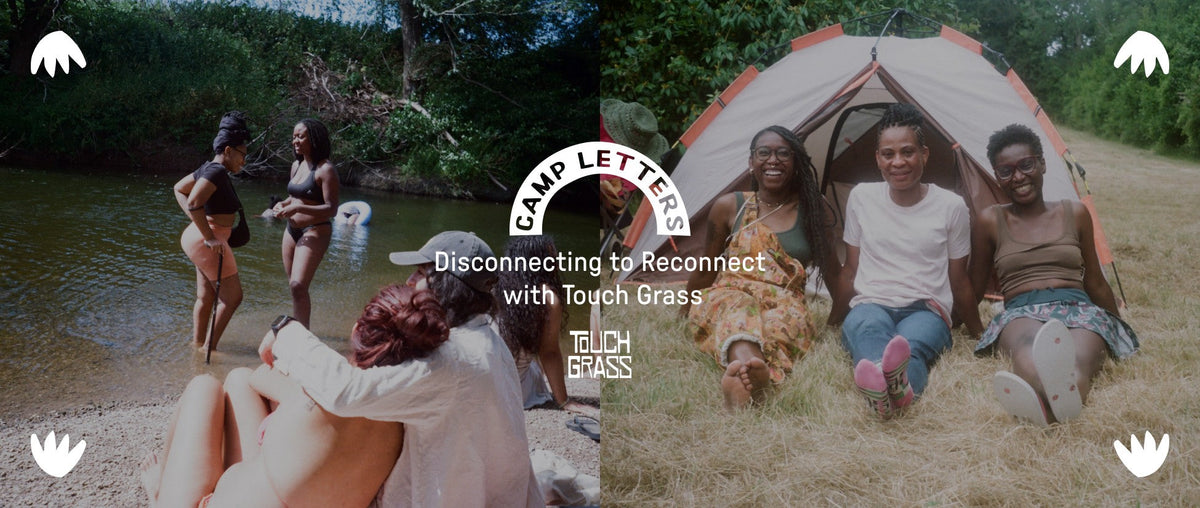 A group of people relaxing by a river, and three people sat outside a tent, with text overlaid that says disconnecting to reconnect with Touch Grass