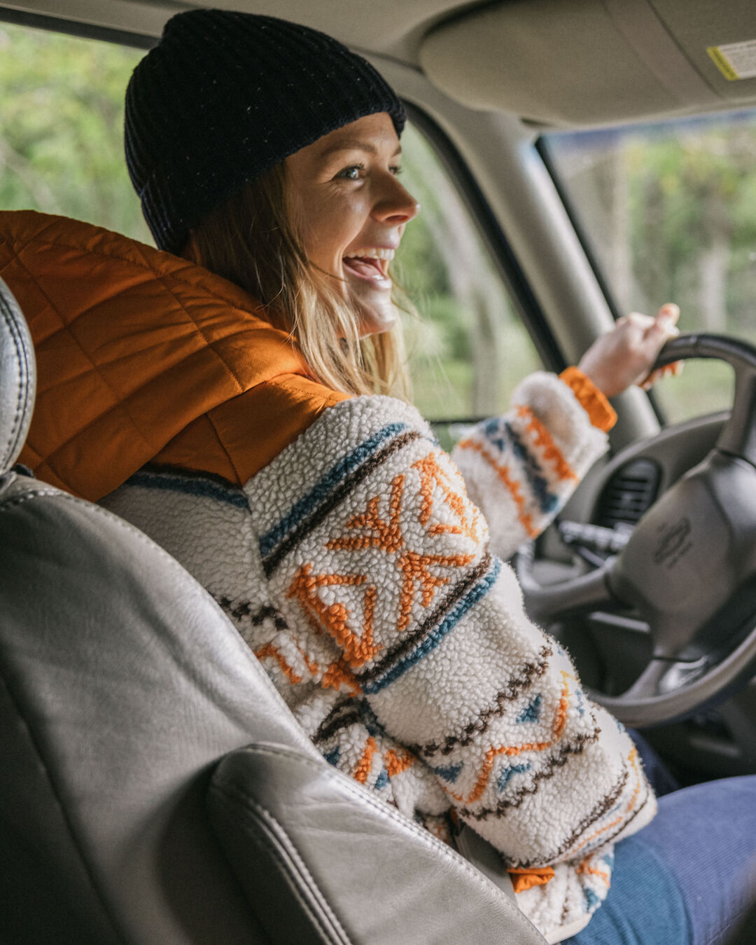 Beaumont Sherpa Hooded Fleece - Homespun Stripe Sunrise Orange - Lifestyle