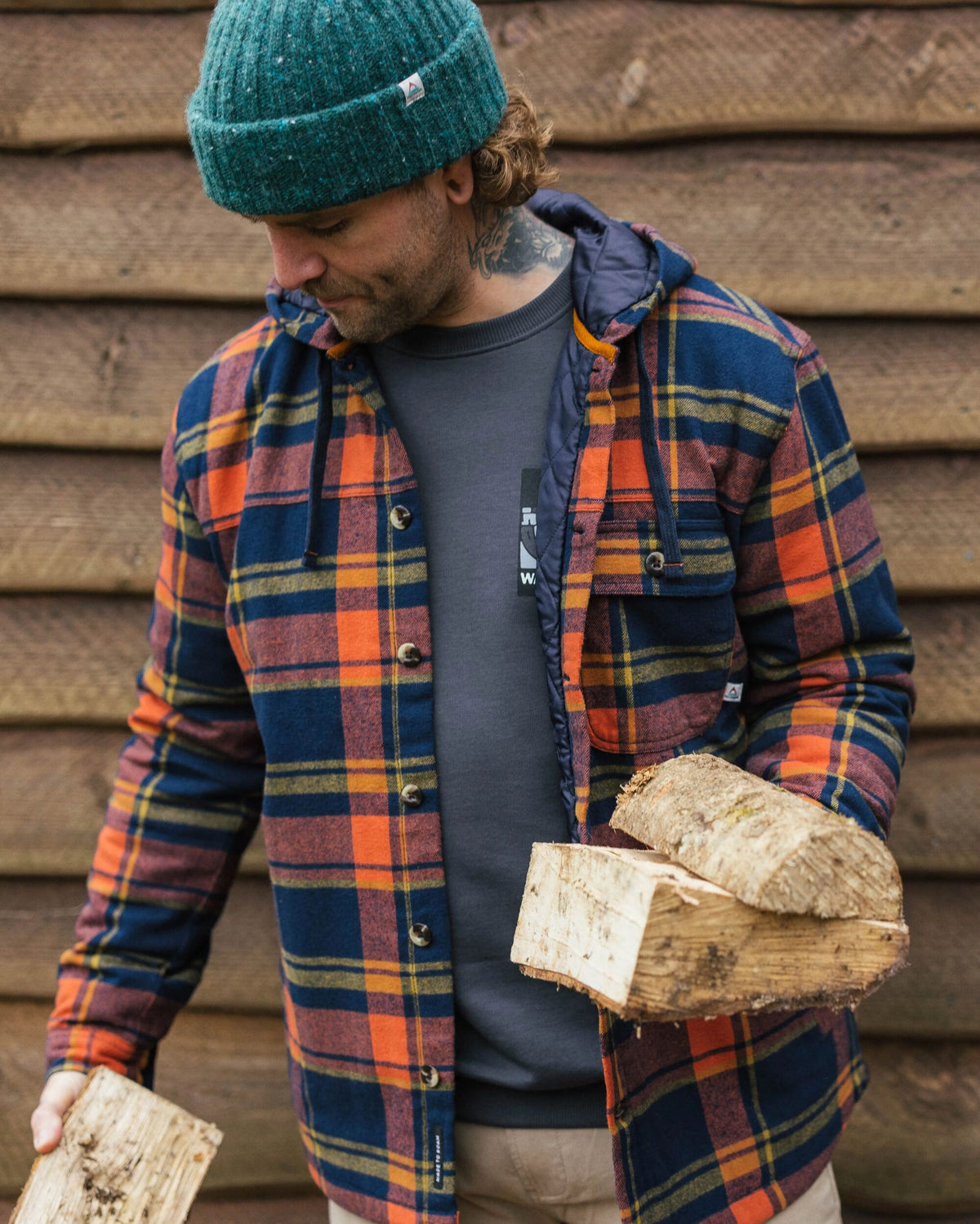 Sherwood Check Hooded Overshirt - Rich Navy/Burnt Orange - Lifestyle