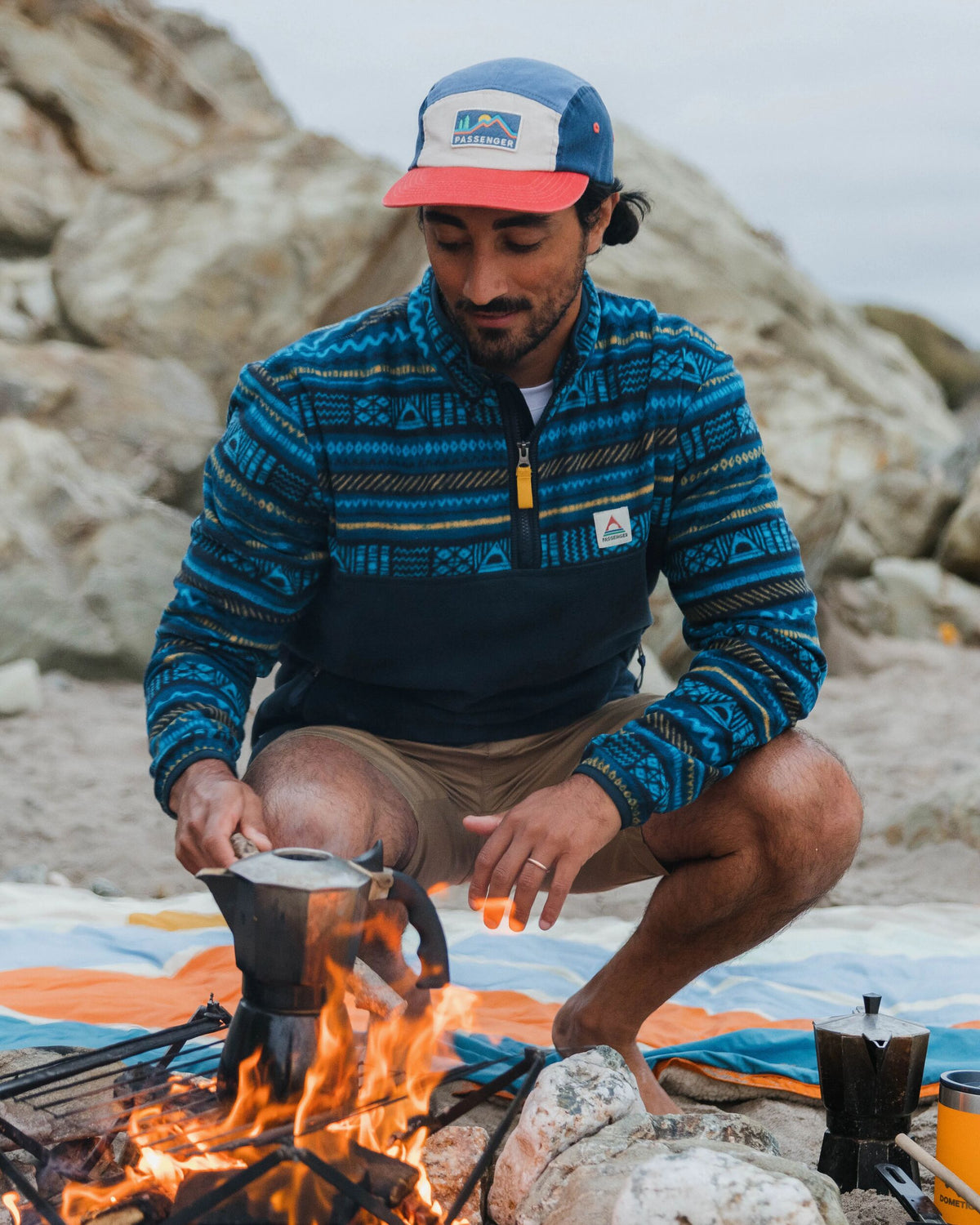 Set Off Polar 1/4 Zip Fleece - Patchwork Stripe Tidal Blue/ Deep Navy - Lifestyle