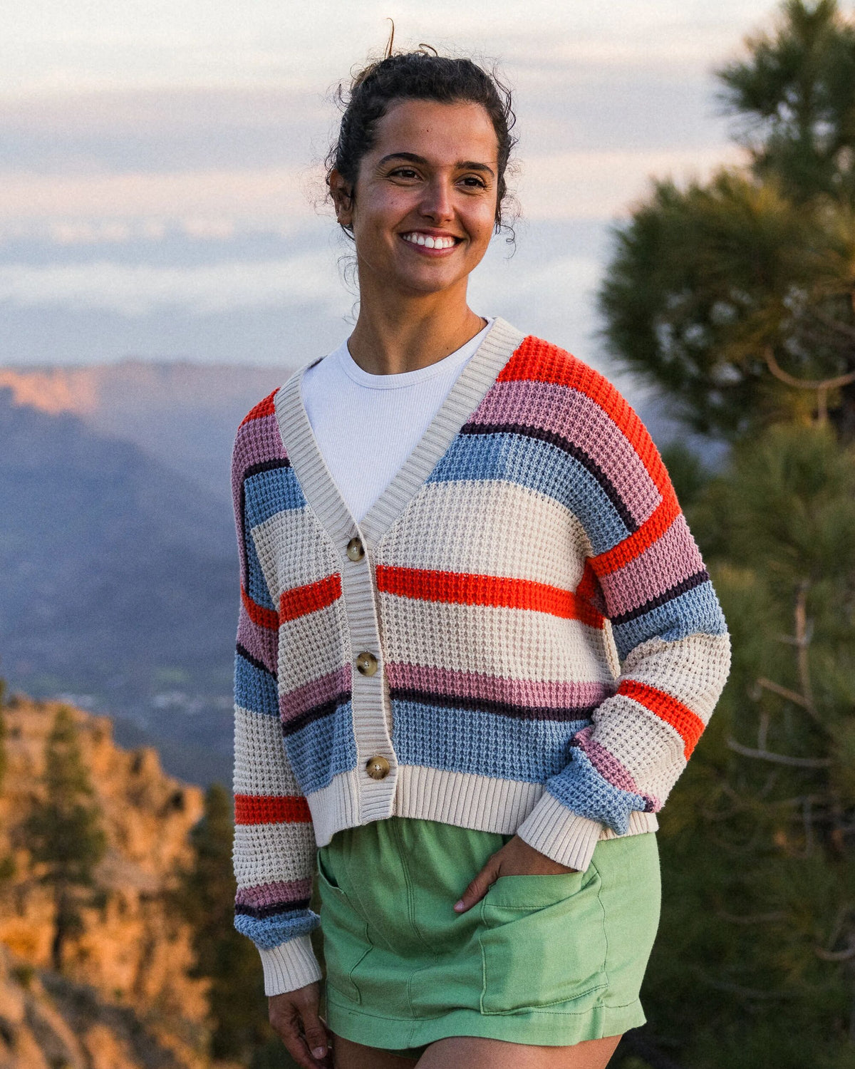 Reflection Open Knit Stripey Cardigan - Multi Vintage White Stripe - Lifestyle