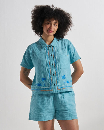 Waveney Short Sleeve Cotton Shirt - Retro Blue  - Studio Model