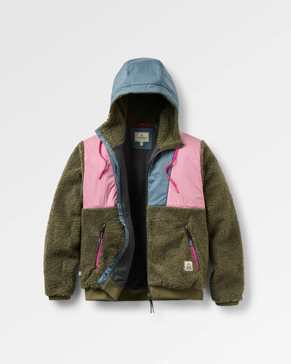 Joy Full Zip Lined Hooded Sherpa Fleece - Dusty Olive - Flatlay