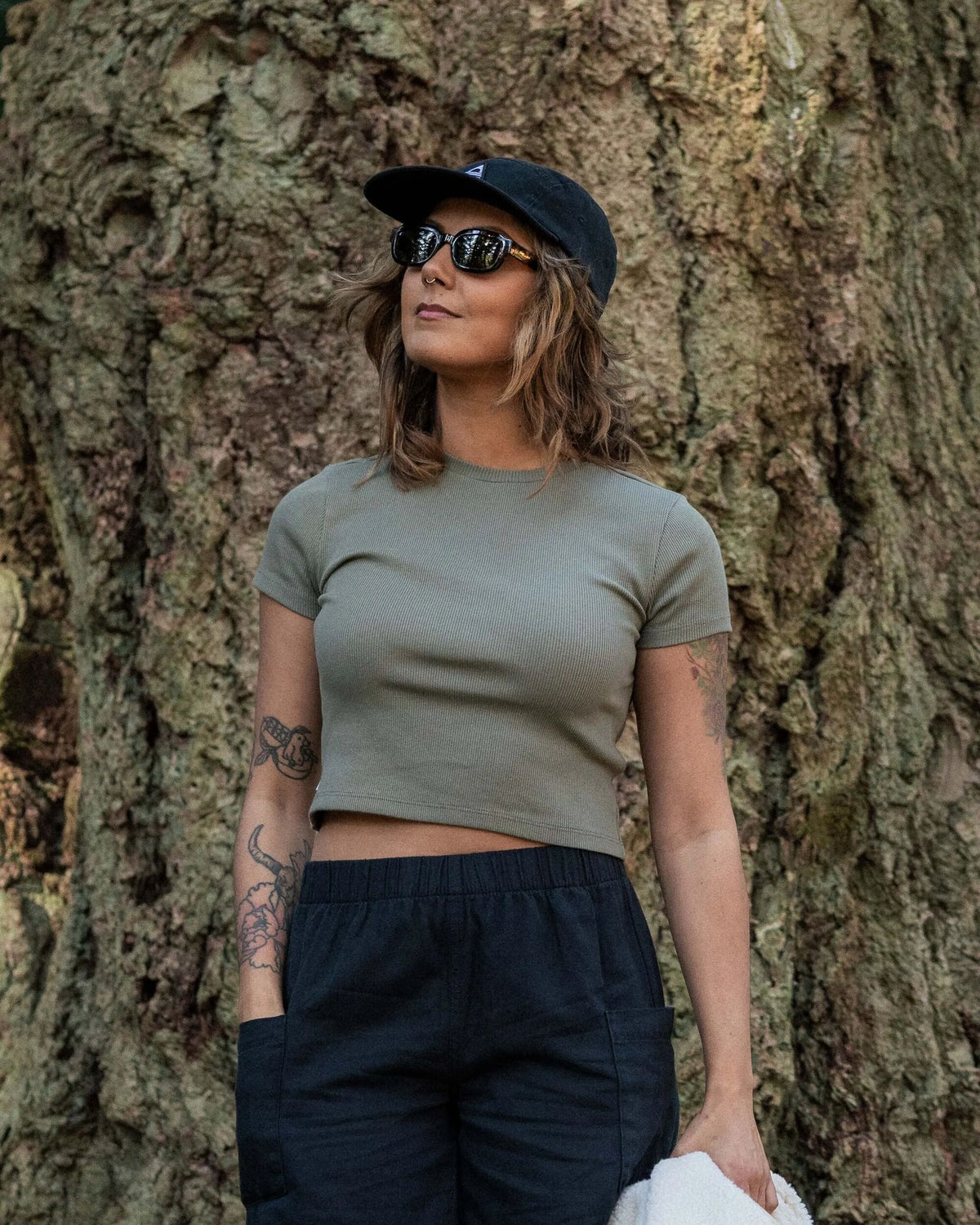 Out There Ribbed Cropped T-Shirt - Dusty Olive - Lifestyle