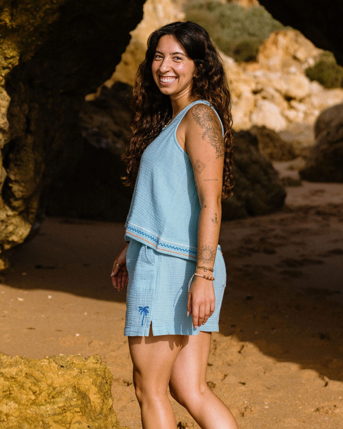 Waveney Cotton Top - Retro Blue  - Lifestyle