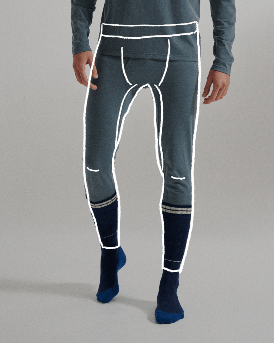 A gif showing fitted trousers shape illustrated over a studio model wearing different fitted trousers and leggings