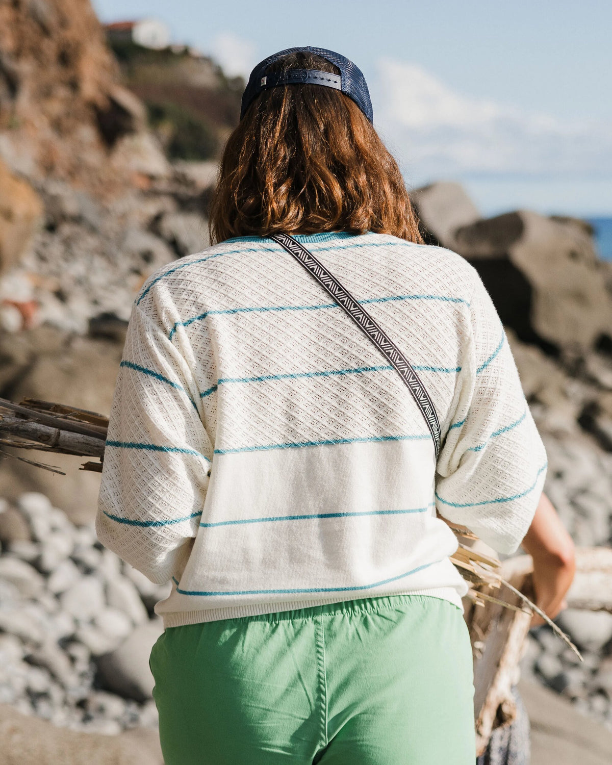 Migrate Knitted Jumper - Blue Pool Stripe - Lifestyle