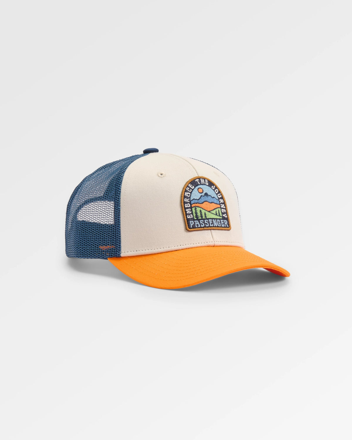 Outlook Snapback Trucker Cap - Dark Denim/Bright Orange - Flatlay