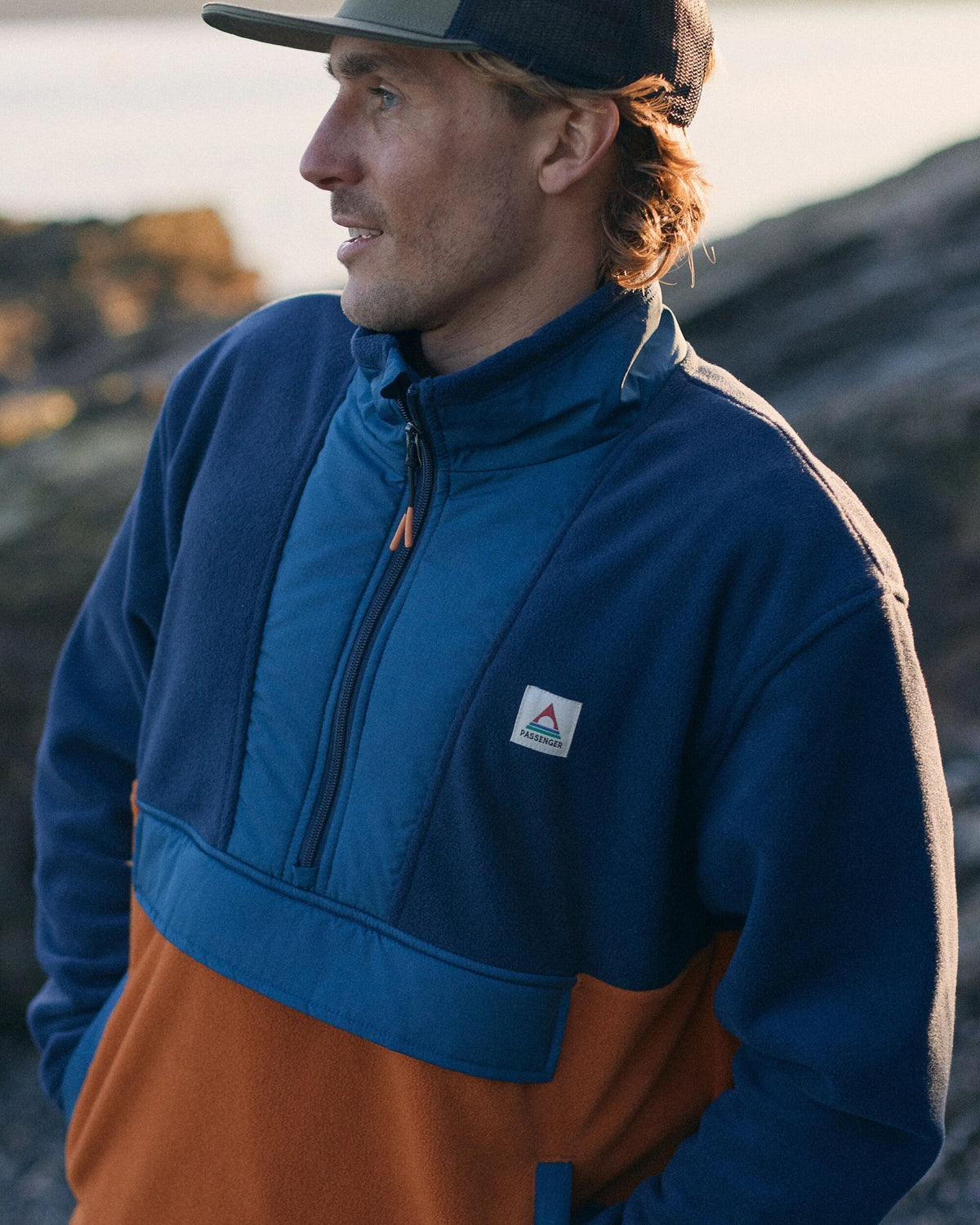 Woodland Hoodless Polar Fleece - Rich Navy/Sunset Orange - Lifestyle