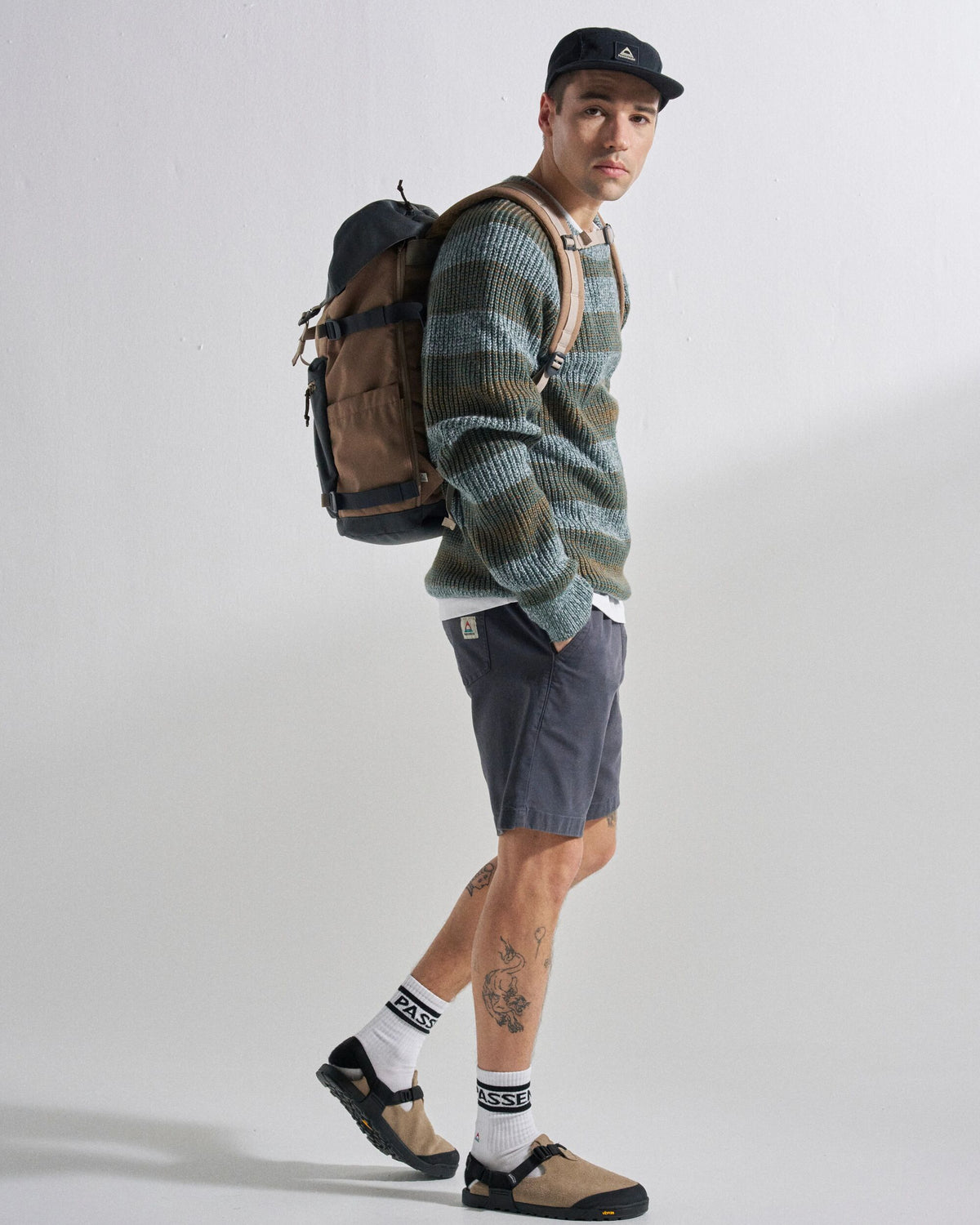 Fog Knitted Jumper - Faded Denim Multi Stripe - Studio Model