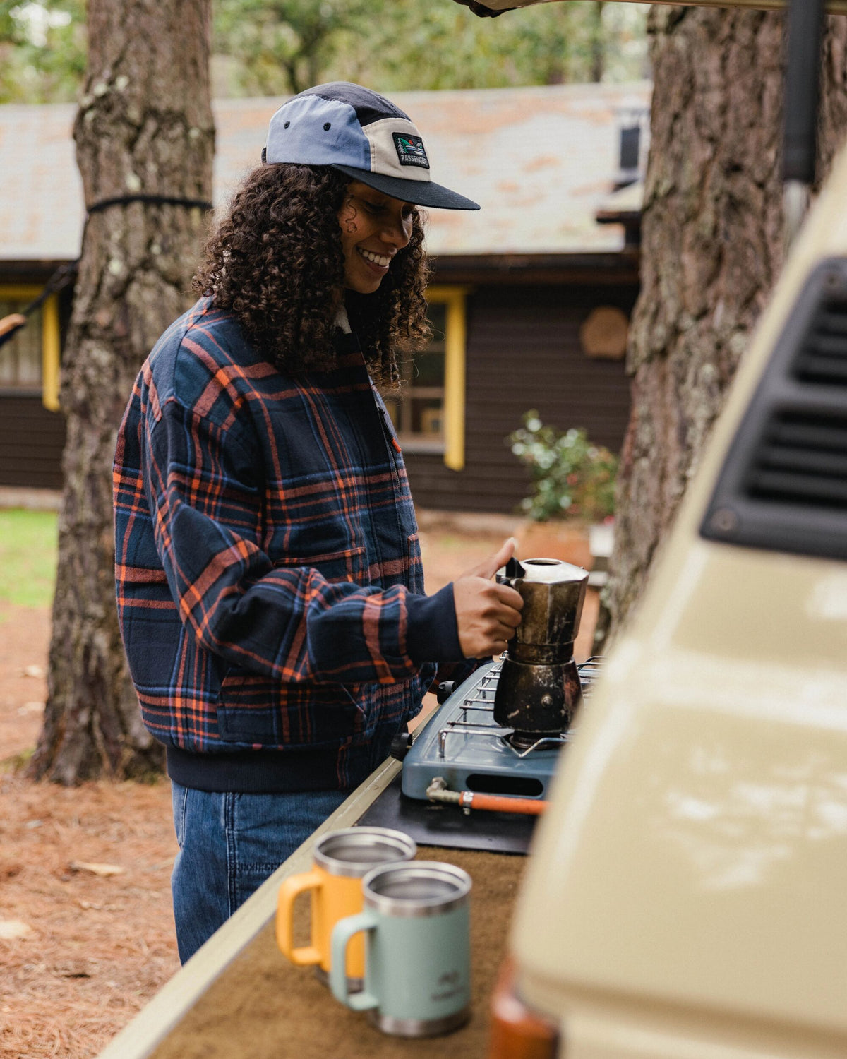 On The Go Insulated Bomber Jacket - Rich Navy/Ember Orange Check  - Lifestyle