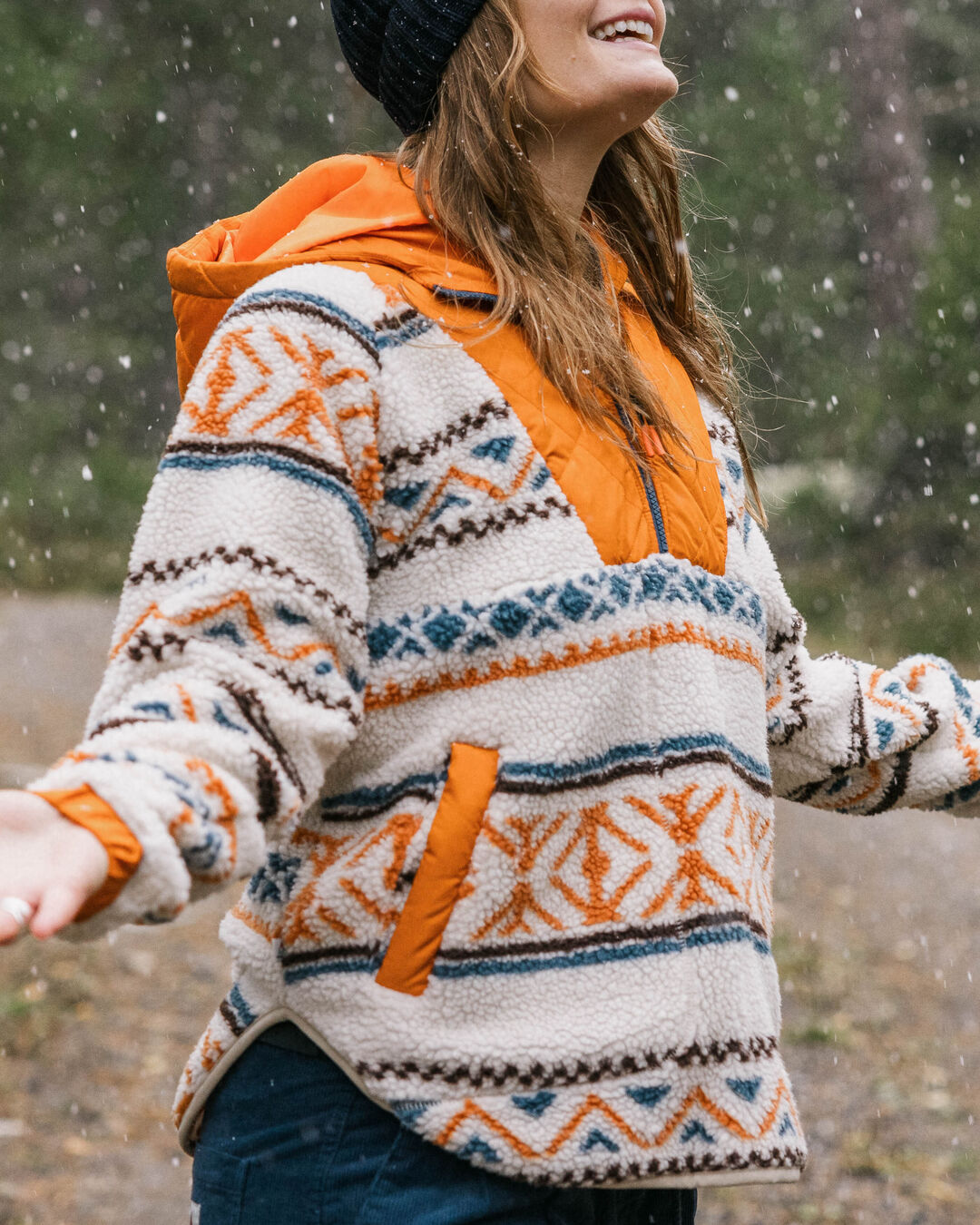 Beaumont Sherpa Hooded Fleece - Homespun Stripe Sunrise Orange - Lifestyle