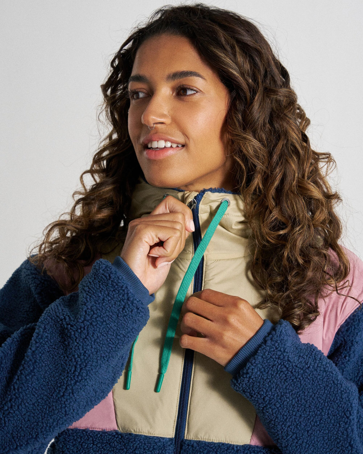 Joy Full Zip Lined Hooded Sherpa Fleece - Dark Denim/Feather - Studio Model