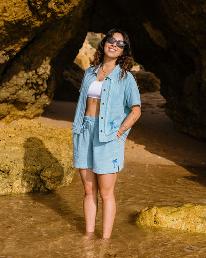 Waveney Short Sleeve Cotton Shirt - Retro Blue  - Lifestyle
