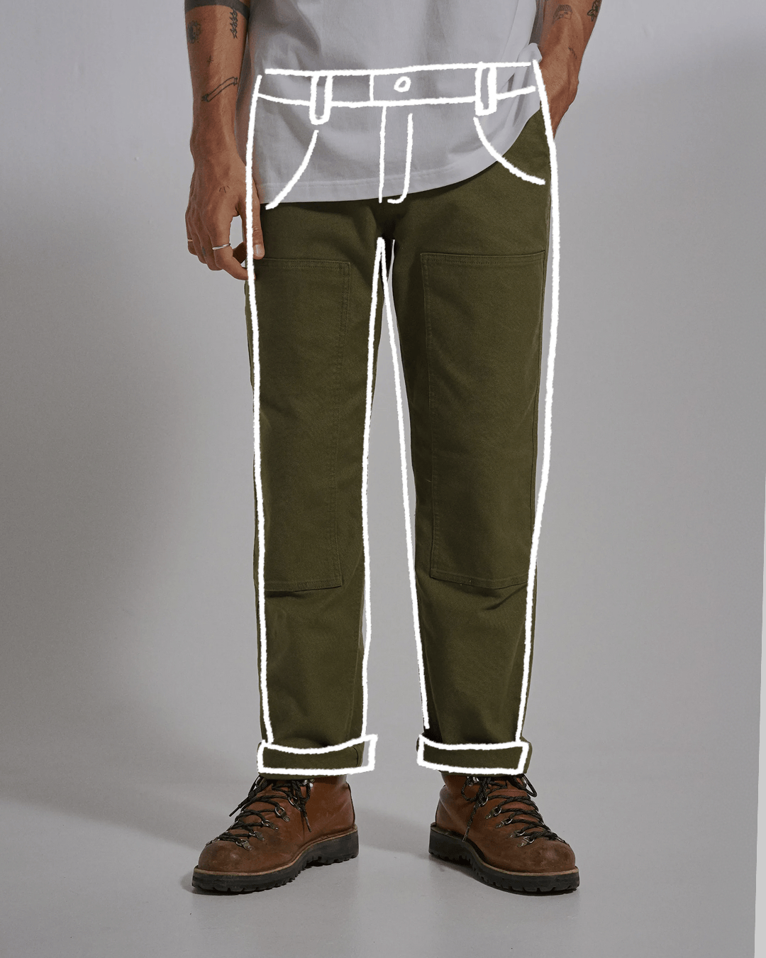 A gif showing regular fit trousers shape illustrated over a studio model wearing different regular fit trousers