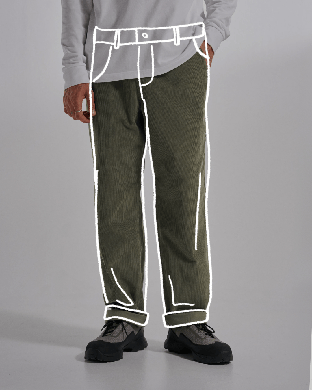 A gif showing relaxed fit trousers shape illustrated over a studio model wearing different relaxed fit trousers