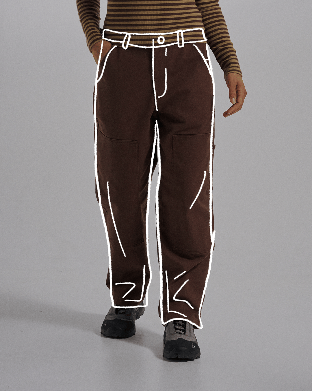 A gif showing relaxed fit trousers shape illustrated over a studio model wearing different relaxed fit trousers