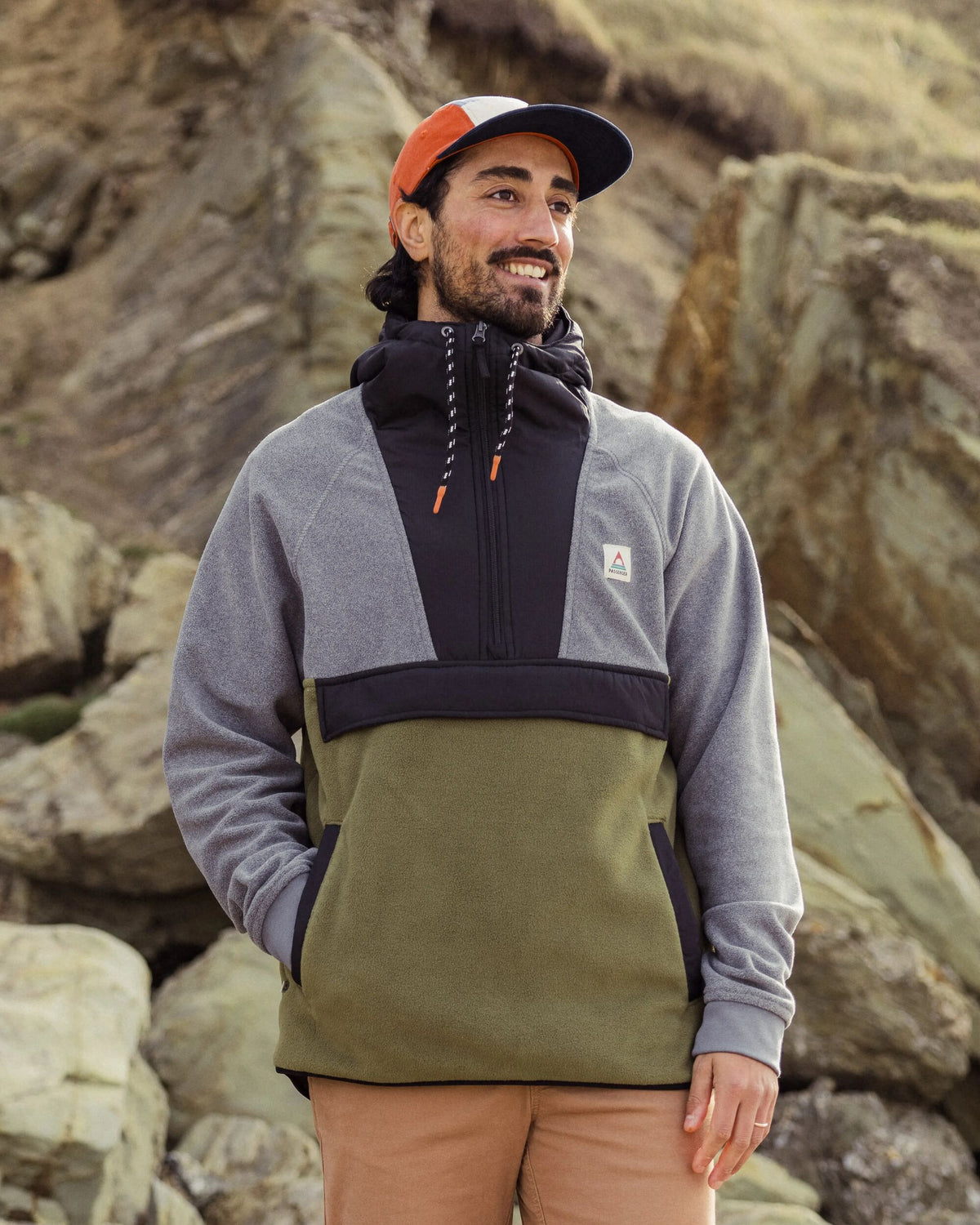 Woodland Hooded 1/2 Zip Polar Fleece - Grey Marl/Khaki - Lifestyle