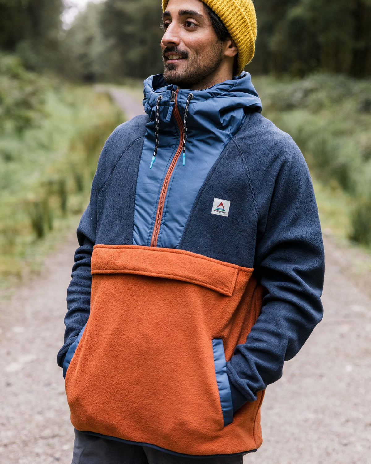 Woodland Hooded 1/2 Zip Polar Fleece - Deep Navy/Baked Clay - Lifestyle