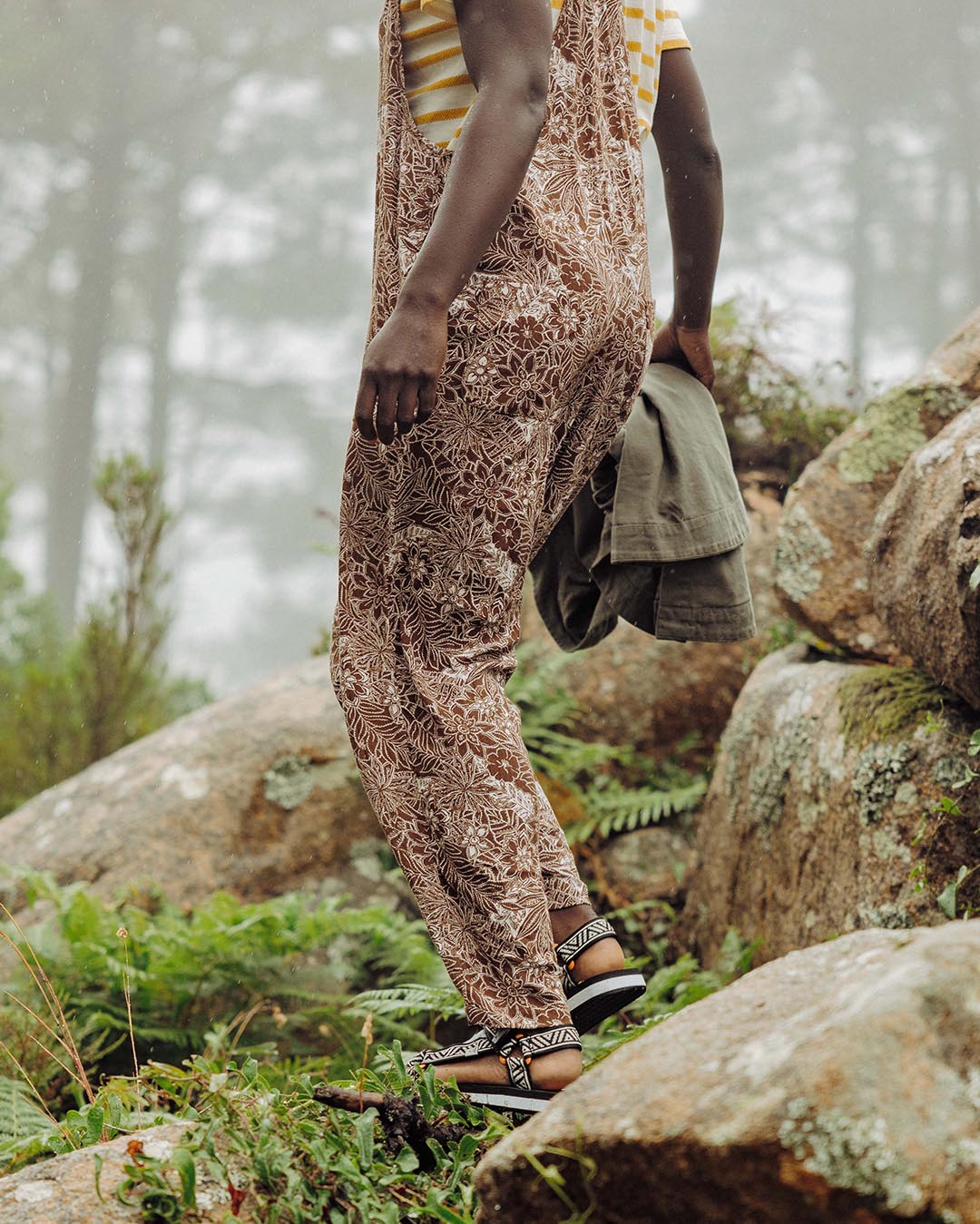 Serenity Dungarees - Chestnut Floral Pattern - Lifestyle