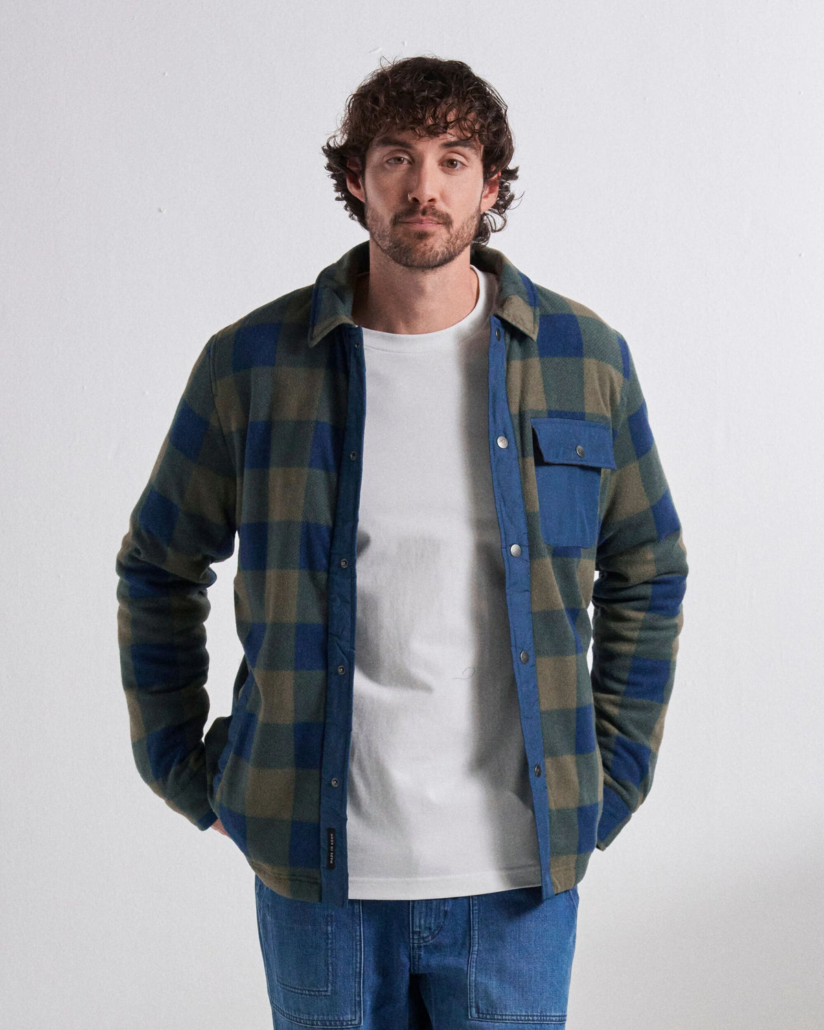 Firelight Sherpa Lined Overshirt - Dusty Olive/Dark Denim Check  - Studio Model