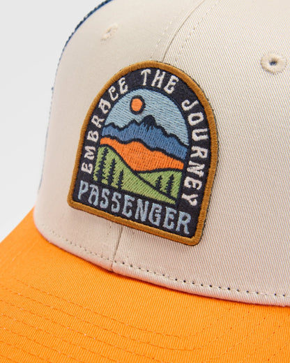 Outlook Snapback Trucker Cap - Dark Denim/Bright Orange - Flatlay