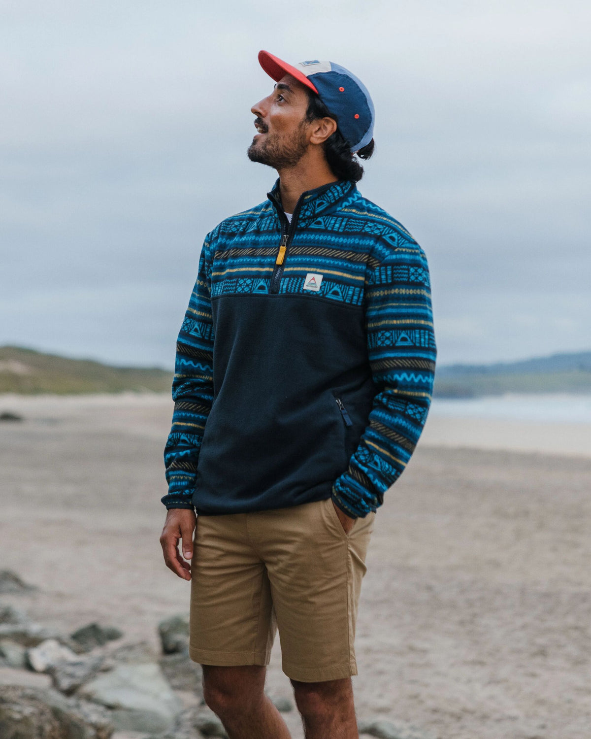 Set Off Polar 1/4 Zip Fleece - Patchwork Stripe Tidal Blue/ Deep Navy - Lifestyle