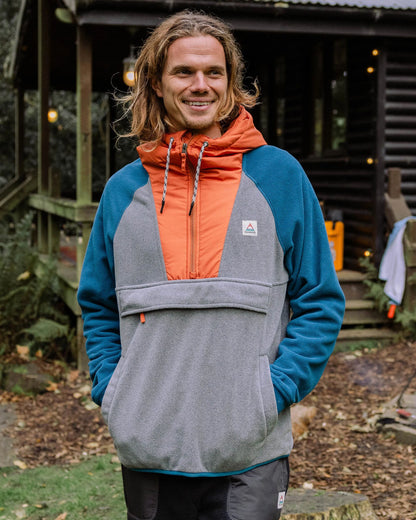 Woodland Hooded 1/2 Zip Polar Fleece - Grey Marl/ Tidal Blue - 