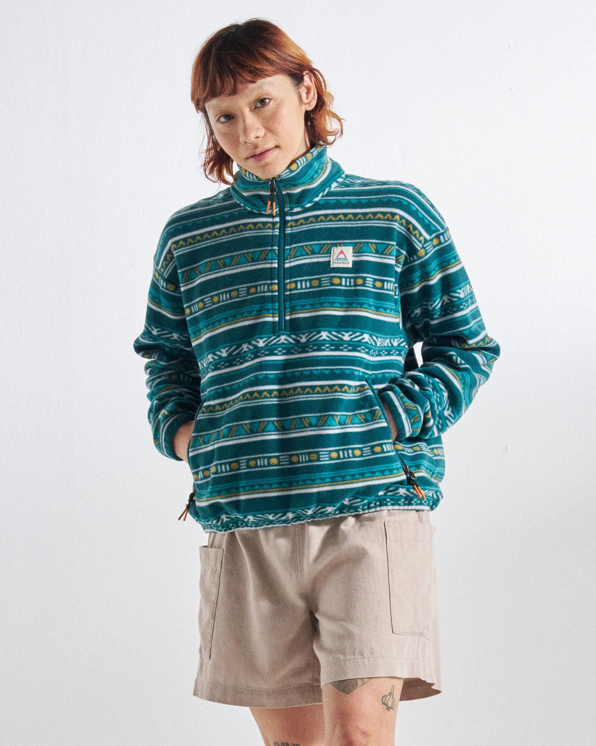 Ayla Micro Polartec® Fleece - Geo Stripe Mediterranean - Studio Model