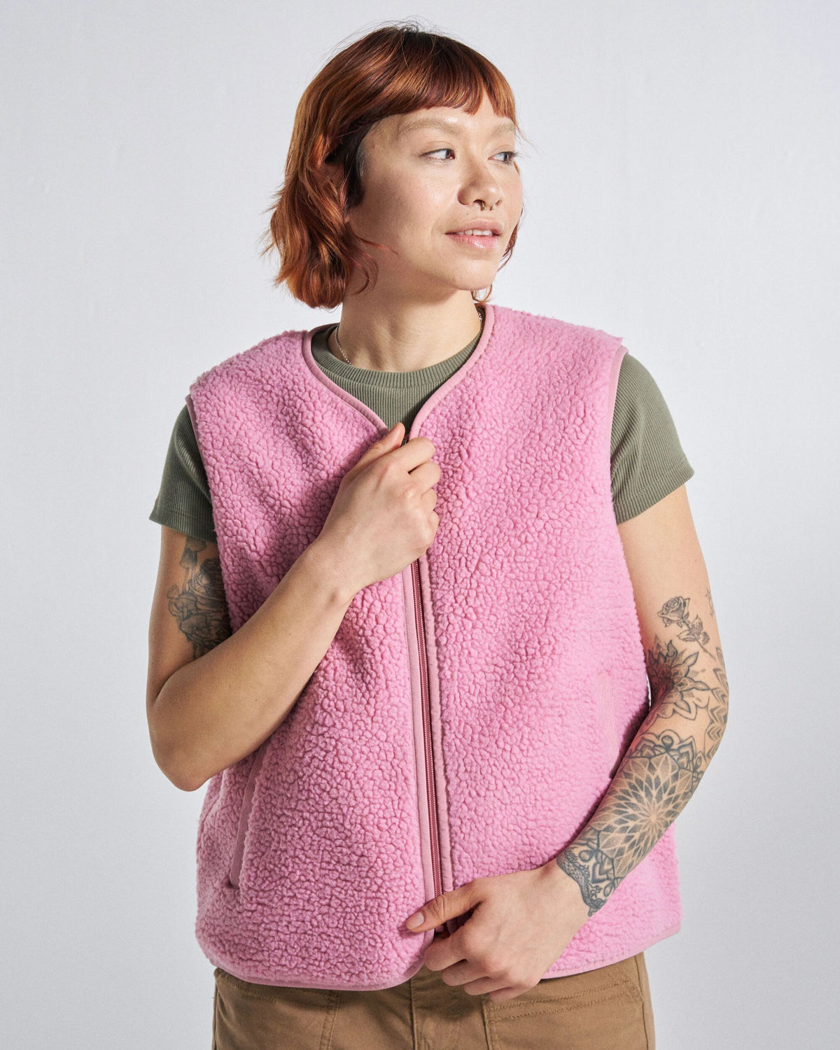Tawny Collarless Deep-Pile Sherpa Gilet - Pink Haze - Studio Model