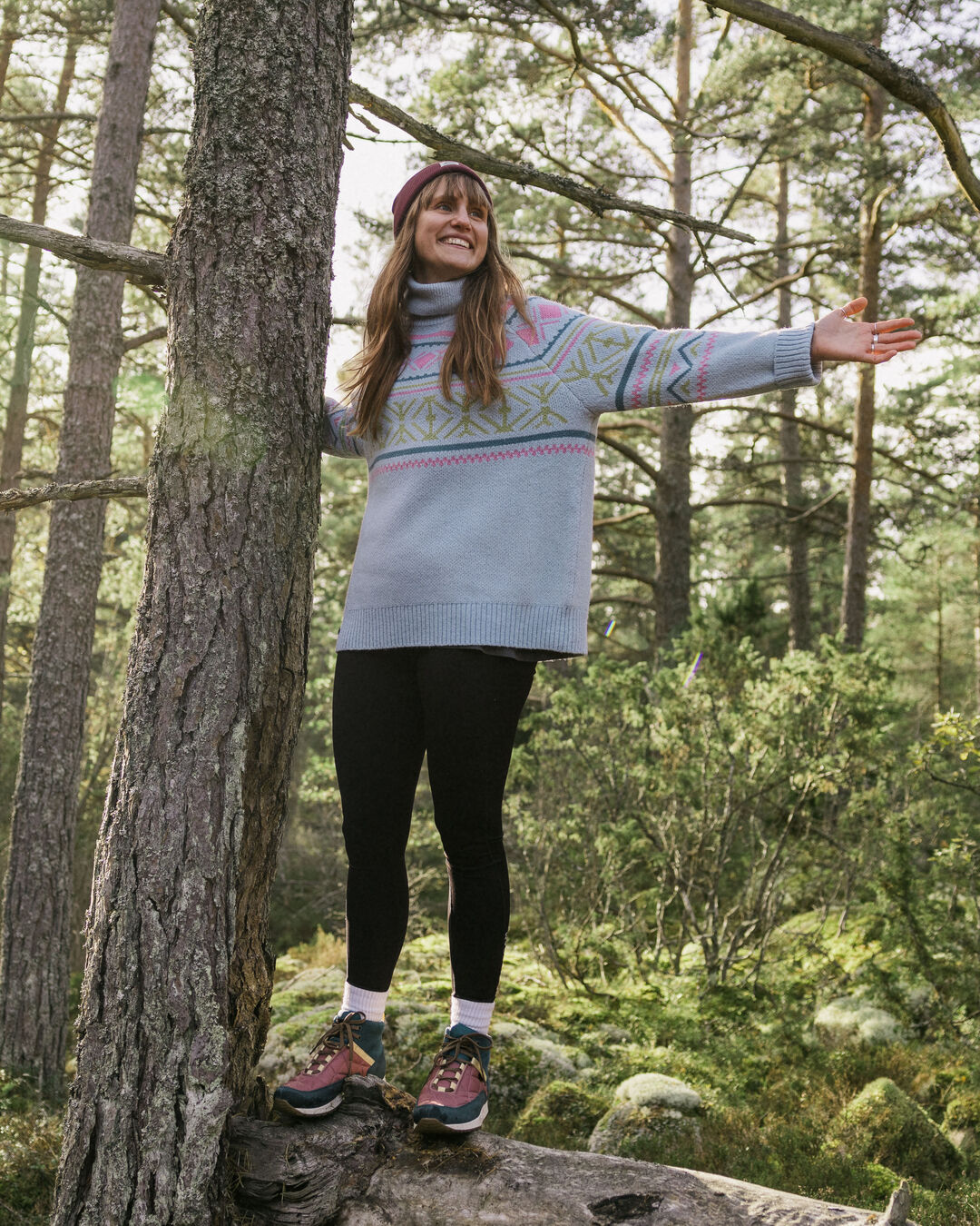 Whimsical Oversized Polo Neck Knitted Jumper - Homespun Stripe Blue Fog - Lifestyle