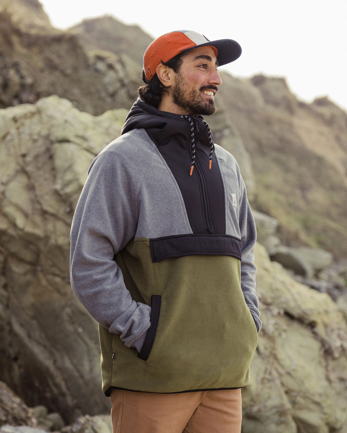 Woodland Hooded 1/2 Zip Polar Fleece - Grey Marl/Khaki - Lifestyle