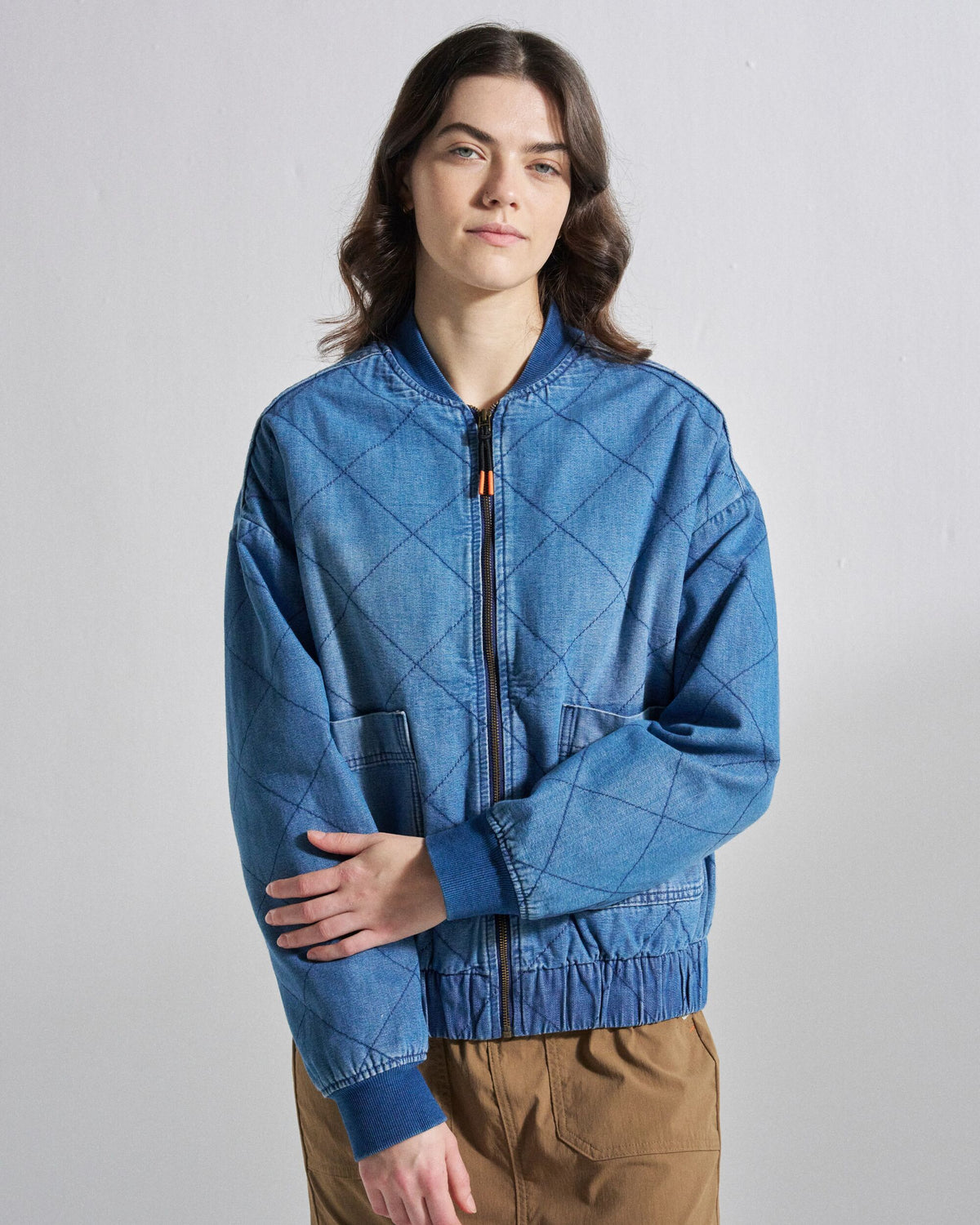 Lucia Sherpa Lined Denim Bomber Jacket - Denim Blue - Studio Model