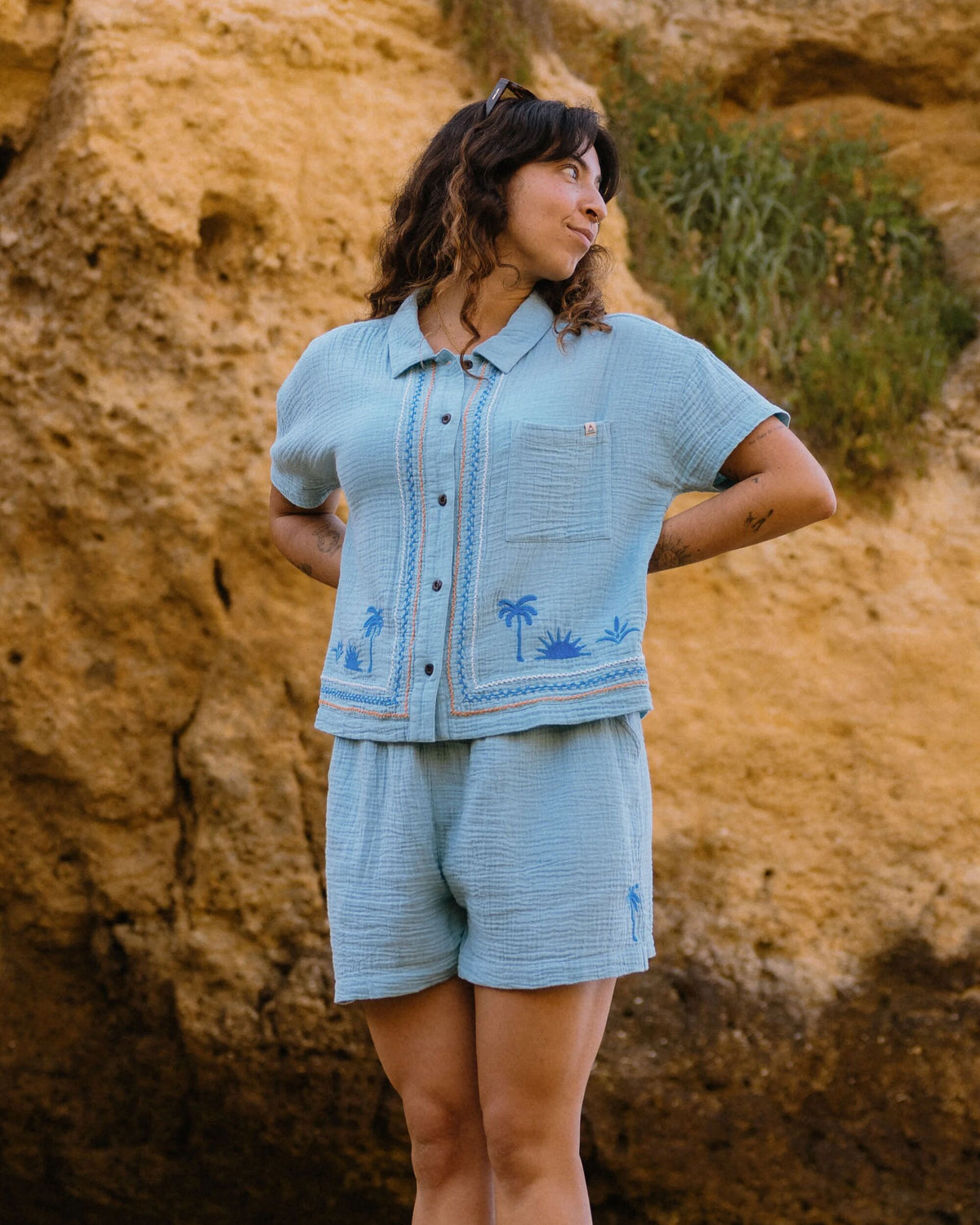 Waveney Short Sleeve Cotton Shirt - Retro Blue  - Lifestyle