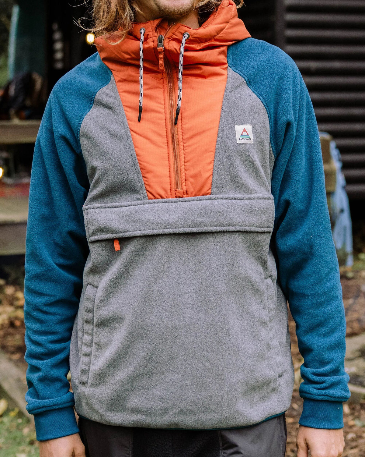 Woodland Hooded 1/2 Zip Polar Fleece - Grey Marl/ Tidal Blue - Lifestyle