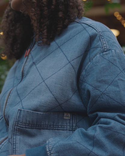 Lucia Sherpa Lined Denim Bomber Jacket - Denim Blue - 