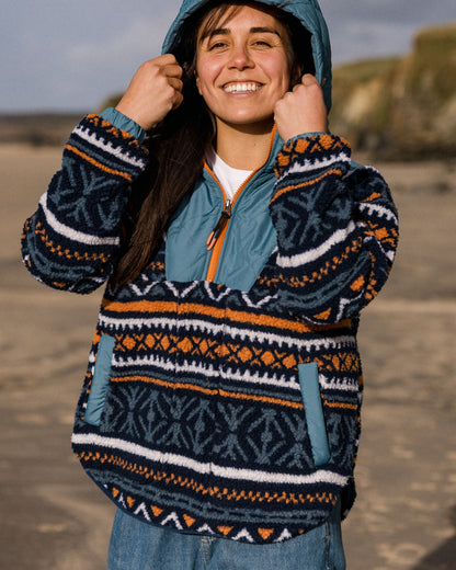 Beaumont Sherpa Hooded Fleece - Homespun Stripe Navy - Lifestyle