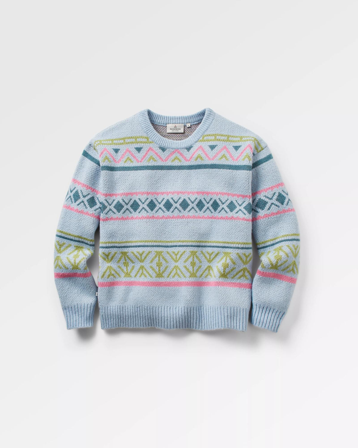 Whimsical Knitted Jumper - Homespun Stripe Blue Fog - Flatlay