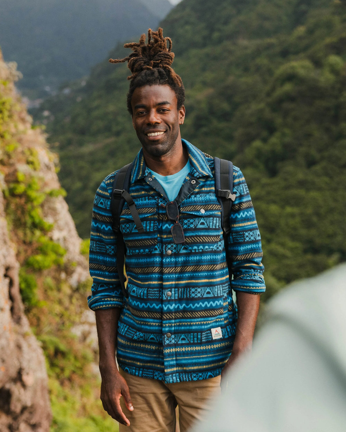 Maple Polar Fleece Shirt - Patchwork Stripe Tidal Blue - Lifestyle