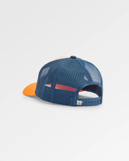 Outlook Snapback Trucker Cap - Dark Denim/Bright Orange - Flatlay